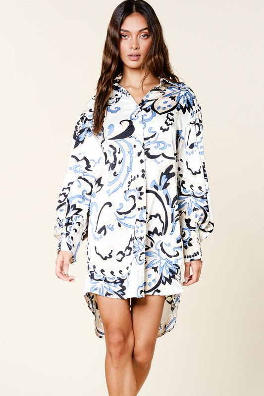 Women's Printed Asymmetric Hem Shirt Dress