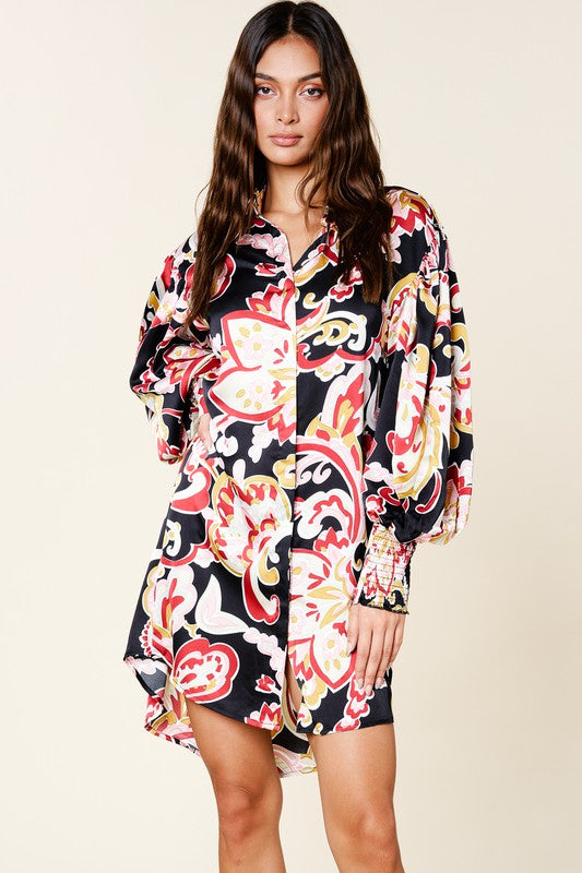 Women's Printed Asymmetric Hem Shirt Dress