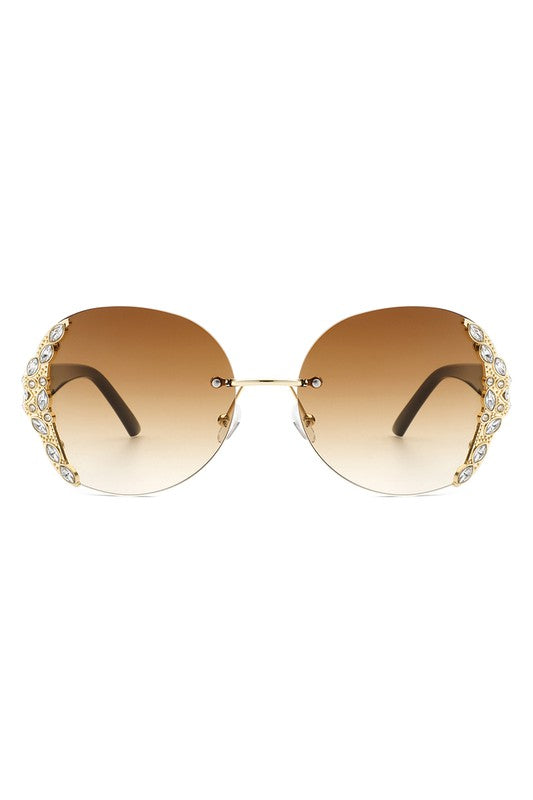 Women Rimless Round Rhinestone Oversize Sunglasses