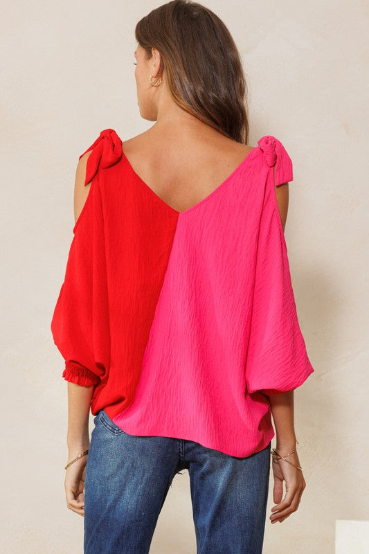 Color Block Smocked Long Sleeves Blouse