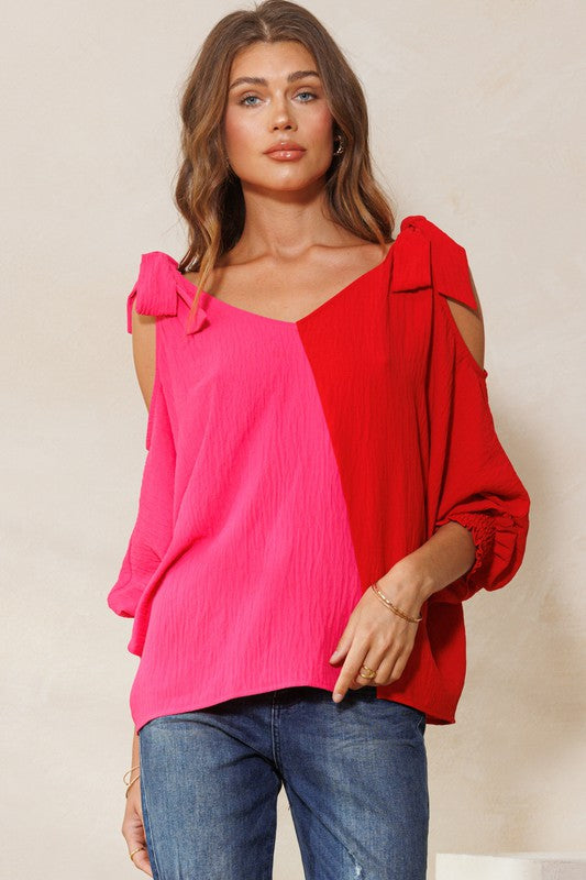 Color Block Smocked Long Sleeves Blouse