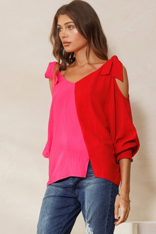 Color Block Smocked Long Sleeves Blouse