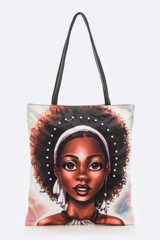 Pearl Embellished Girl Print Tote Bag