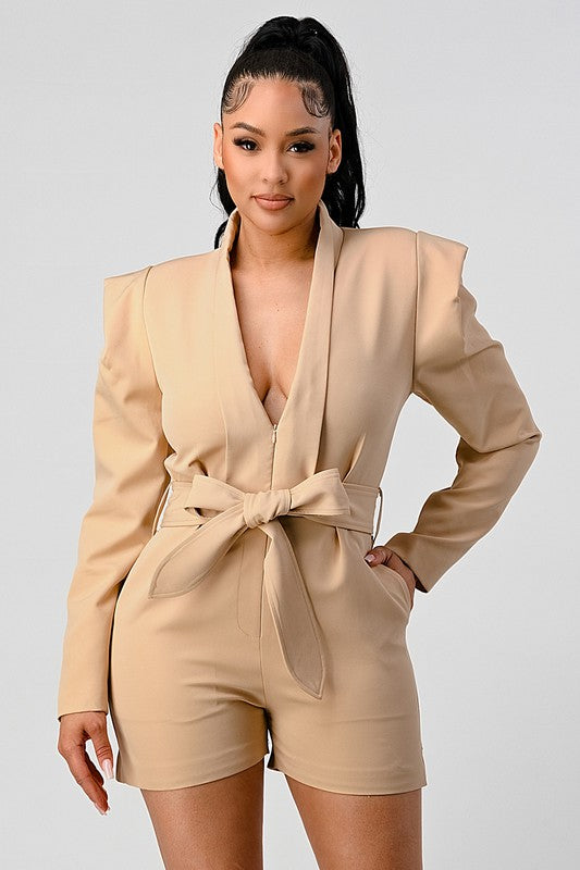 Business casual blazer romper with belt