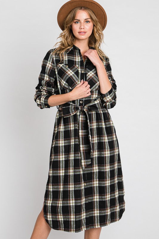 PLAID BELTED LONG SHIRT DRESS