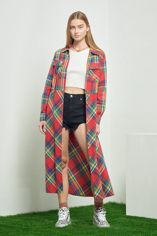 PLAID BELTED LONG SHIRT DRESS