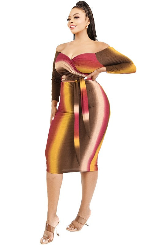 Plus Size Gradient Color Block Off the Shoulder Midi Dress