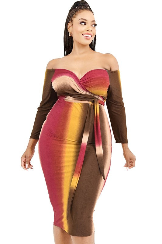 Plus Size Gradient Color Block Off the Shoulder Midi Dress