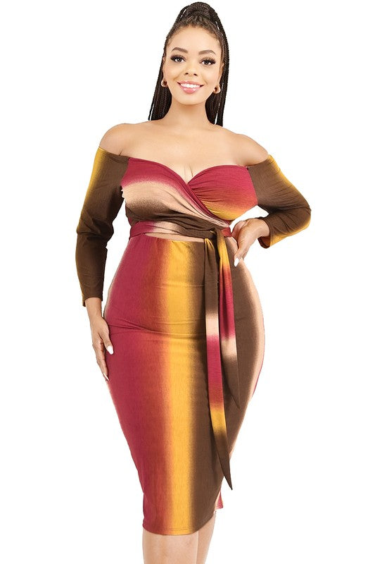 Plus Size Gradient Color Block Off the Shoulder Midi Dress