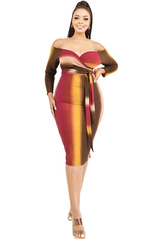 Plus Size Gradient Color Block Off the Shoulder Midi Dress