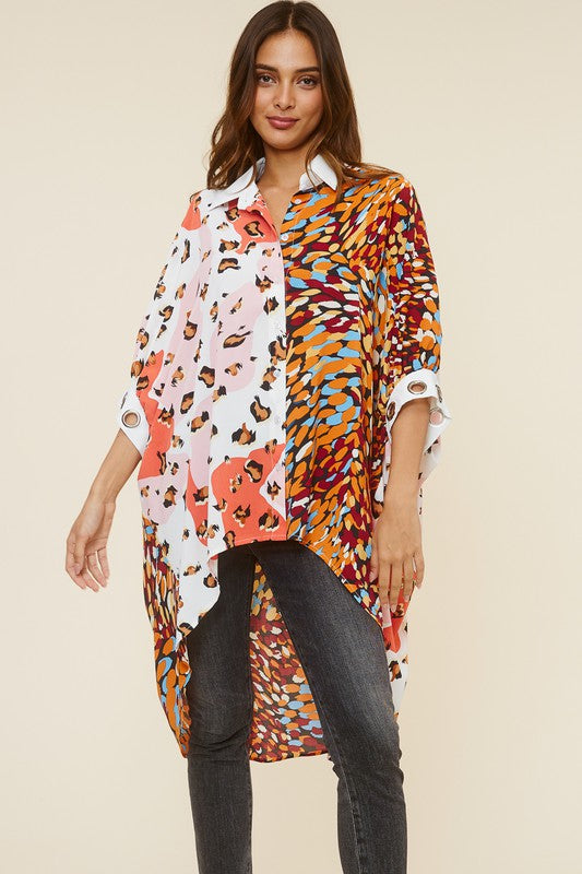 Women's Asymmetric Pattern Color Blocked Blouse with Rings