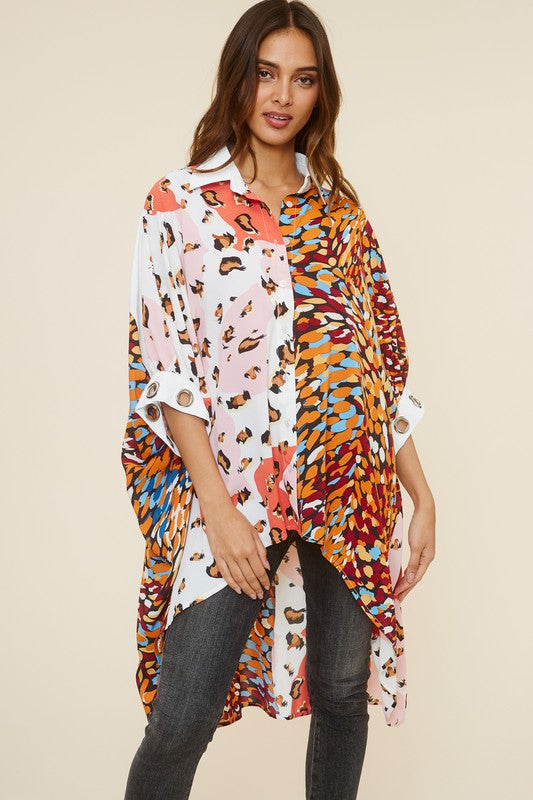 Women's Asymmetric Pattern Color Blocked Blouse with Rings
