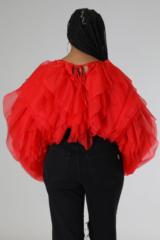 Plus Size Long Sleeve Ruffle Tulle Crop Top Blouse