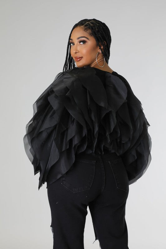 Plus Size Long Sleeve Ruffle Tulle Crop Top Blouse