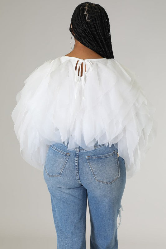 Plus Size Long Sleeve Ruffle Tulle Crop Top Blouse