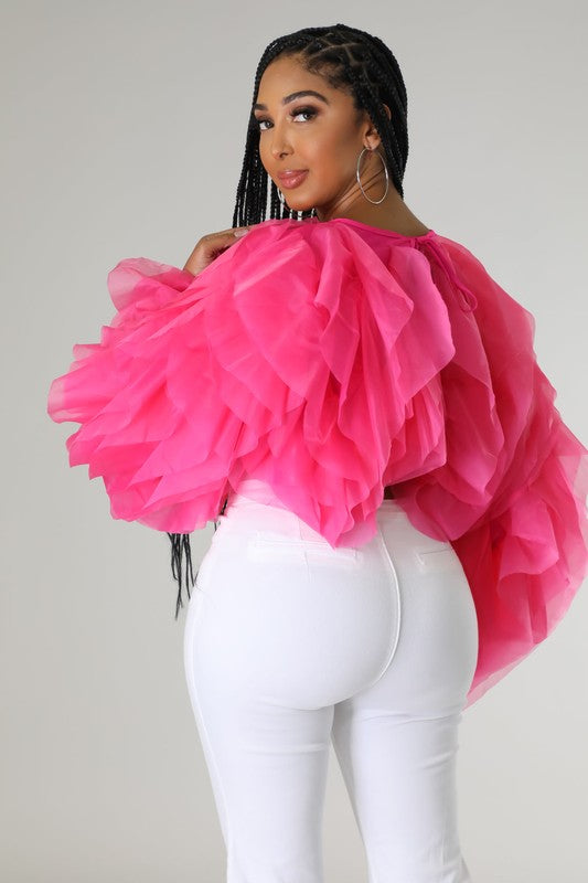 Plus Size Long Sleeve Ruffle Tulle Crop Top Blouse