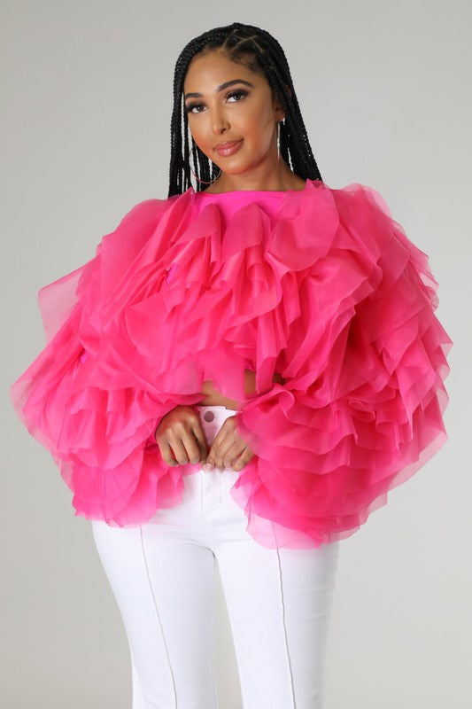 Plus Size Long Sleeve Ruffle Tulle Crop Top Blouse