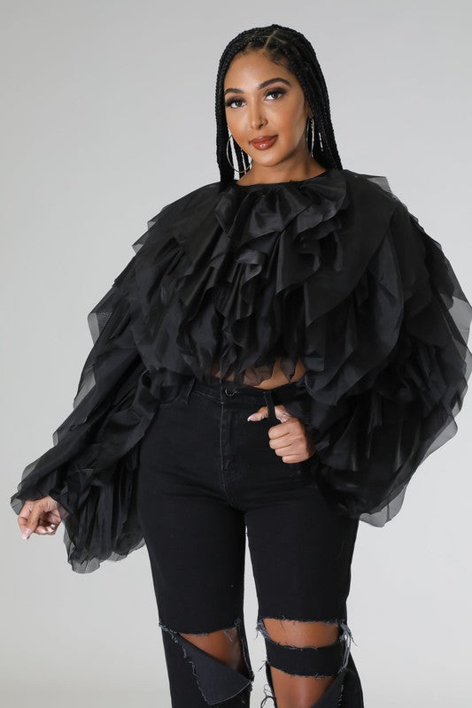 Plus Size Long Sleeve Ruffle Tulle Crop Top Blouse