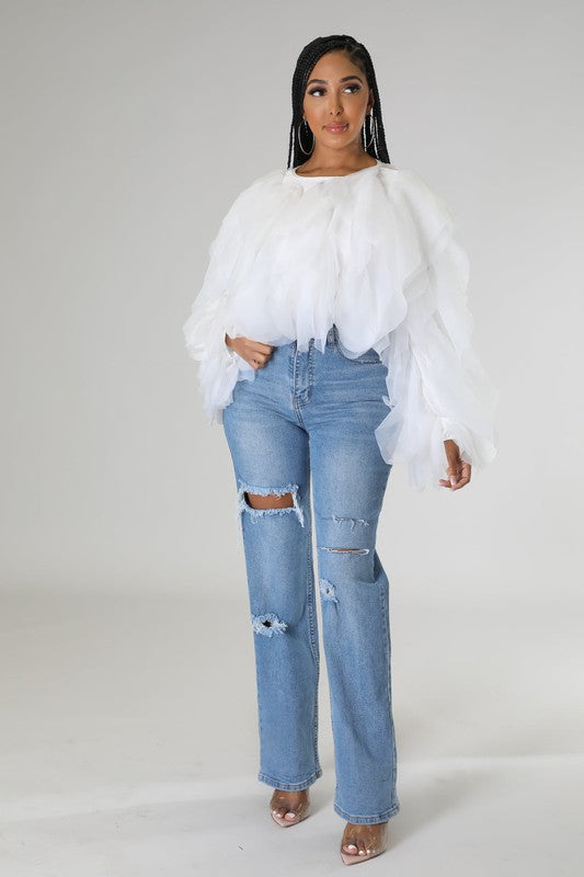 Plus Size Long Sleeve Ruffle Tulle Crop Top Blouse