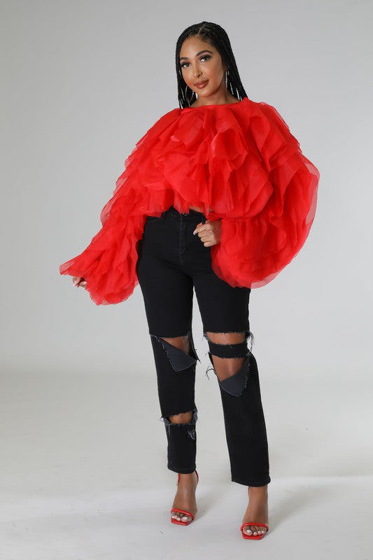 Plus Size Long Sleeve Ruffle Tulle Crop Top Blouse