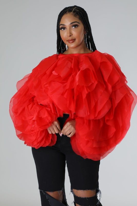 Plus Size Long Sleeve Ruffle Tulle Crop Top Blouse