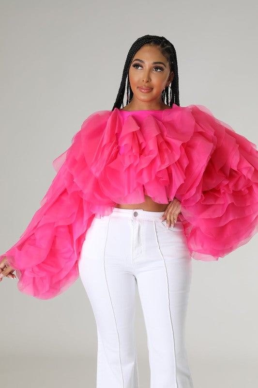 Plus Size Long Sleeve Ruffle Tulle Crop Top Blouse