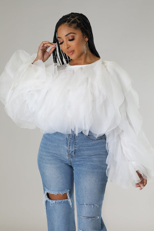 Plus Size Long Sleeve Ruffle Tulle Crop Top Blouse