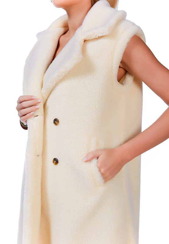 Women's Sleeveless Double Breasted Teddy Coat