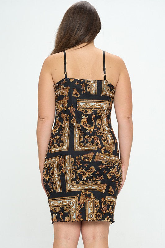 Junior Plus Size Baroque Inspired Print Bodycon Sheer Mesh Dress