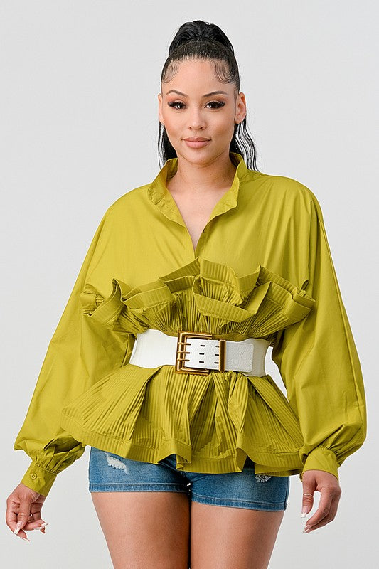 Athina Pleated Ruffle Belted Tunic Blouse