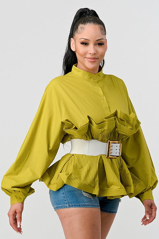 Athina Pleated Ruffle Belted Tunic Blouse