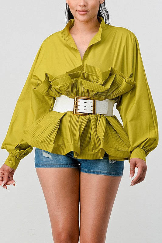 Athina Pleated Ruffle Belted Tunic Blouse