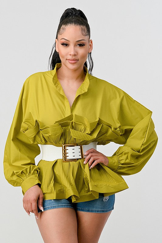 Athina Pleated Ruffle Belted Tunic Blouse