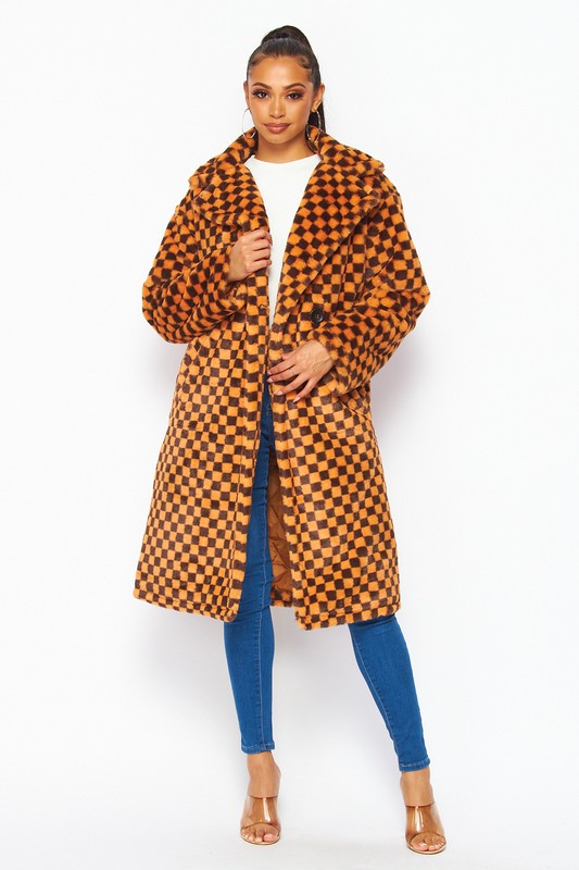 Fuzzy Feelings Checkered Print Faux Fur Teddy Coat