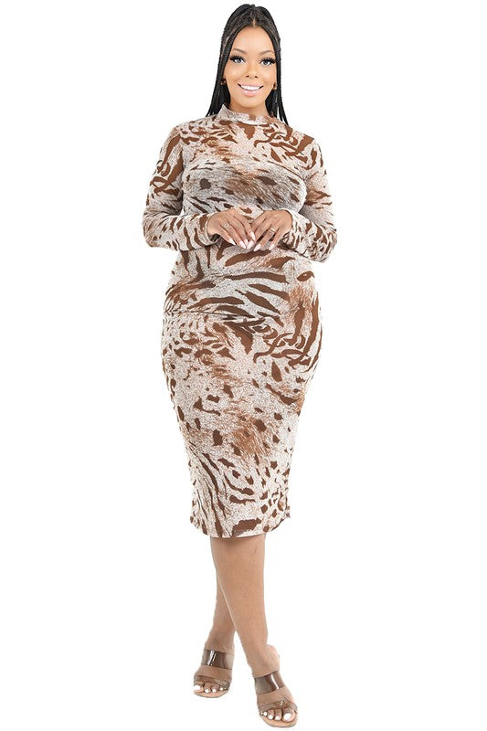 Plus Size Wild Animal Mesh Print Midi Dress