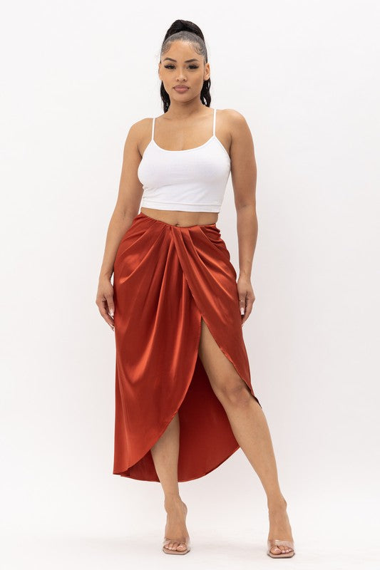 Women's Satin Open Front Ruched Wrap Flare Maxi Skirt