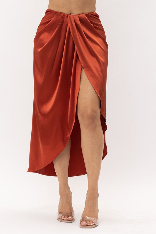 Women's Satin Open Front Ruched Wrap Flare Maxi Skirt