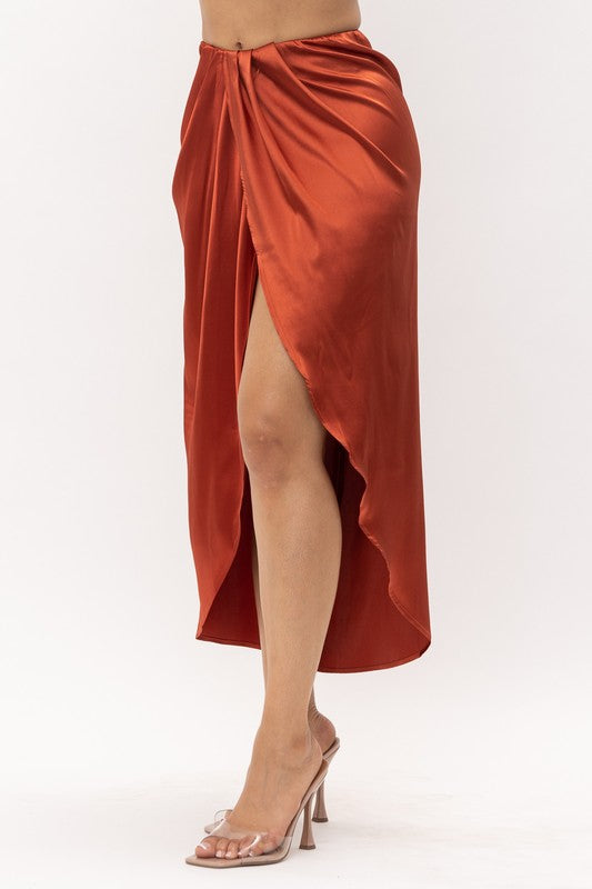 Women's Satin Open Front Ruched Wrap Flare Maxi Skirt