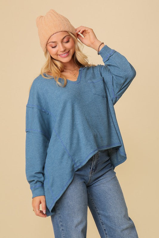 Women's Thermal High Low V-neck Oversized Tunic Top