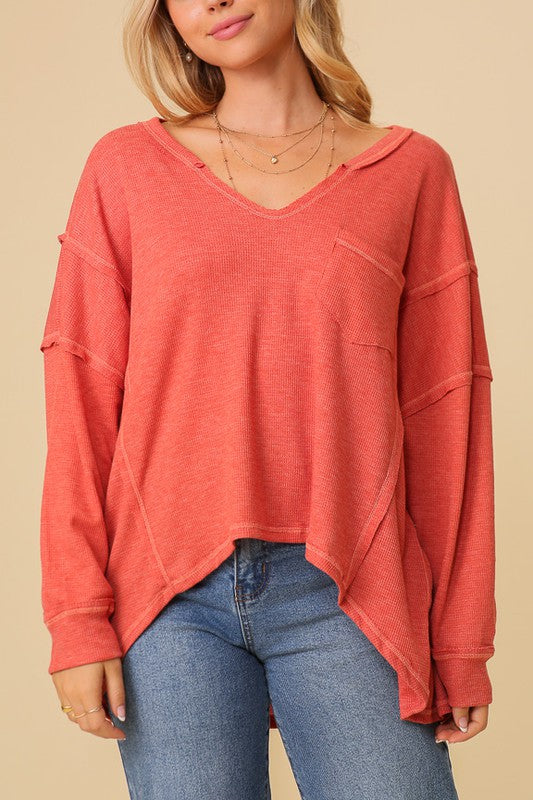 Women's Thermal High Low V-neck Oversized Tunic Top