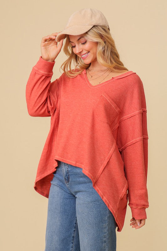 Women's Thermal High Low V-neck Oversized Tunic Top
