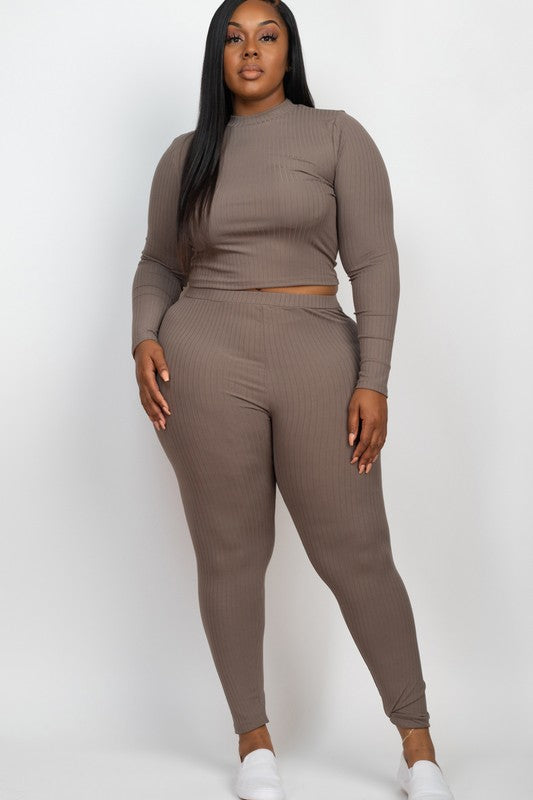 Plus Size Ribbed Mock Neck Long Sleeve Top and Leggings Set