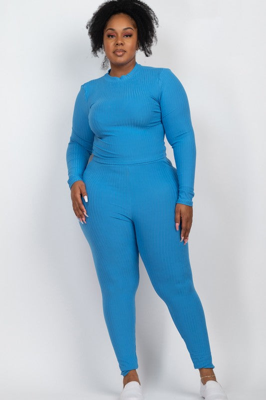 Plus Size Ribbed Mock Neck Long Sleeve Top and Leggings Set