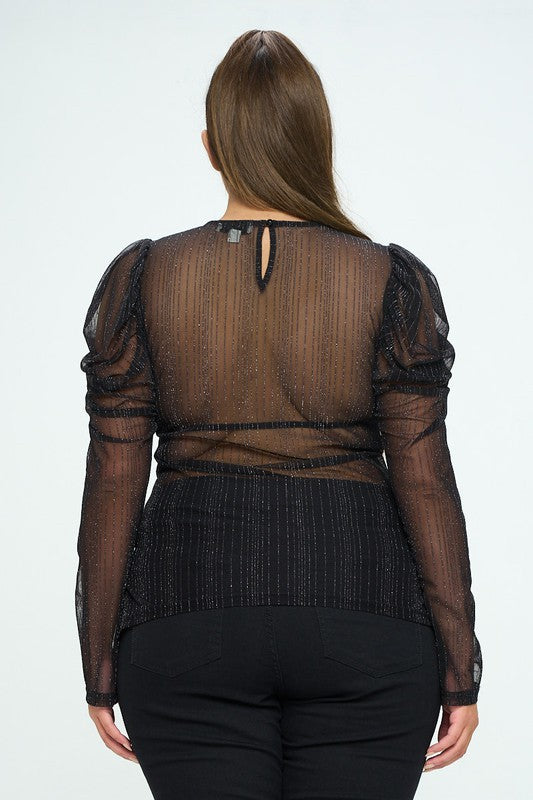 Plus Size See Through Long Sleeves Keyhole Back Top