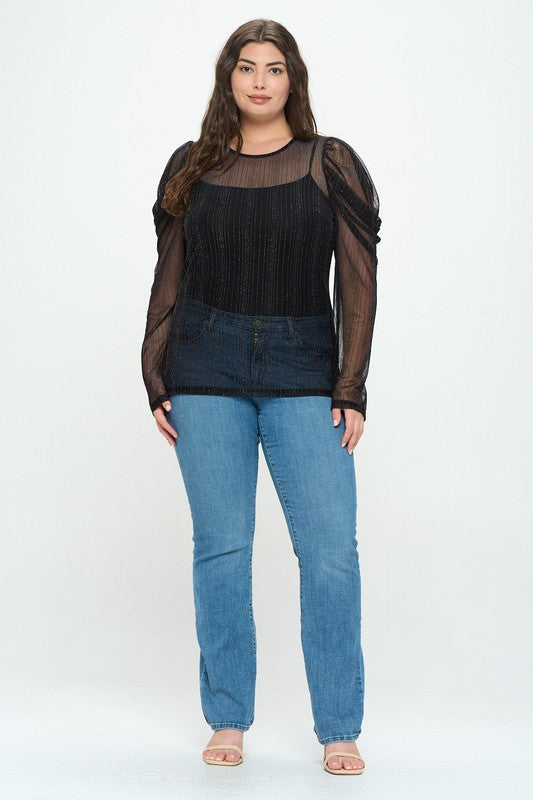 Plus Size See Through Long Sleeves Keyhole Back Top