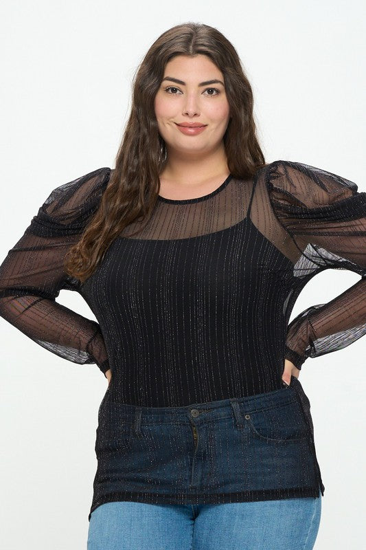 Plus Size See Through Long Sleeves Keyhole Back Top