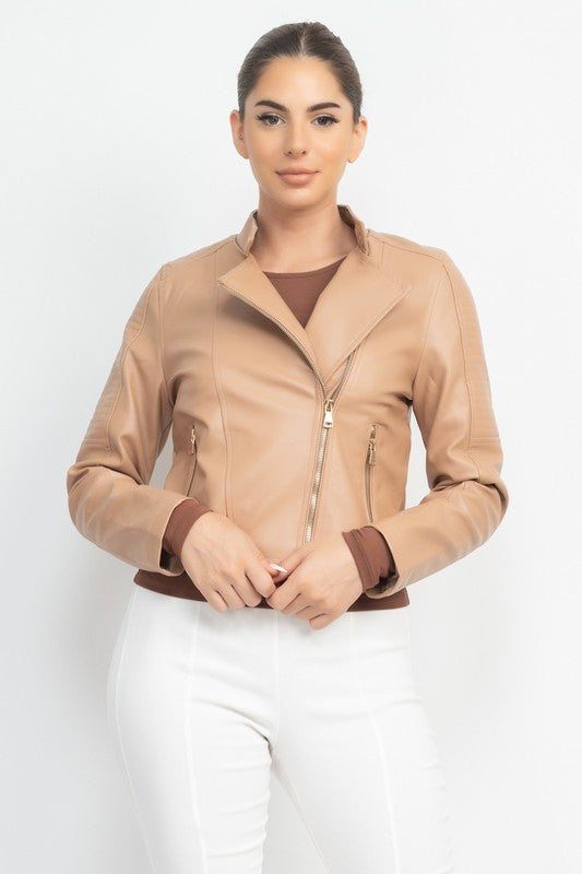 Women's Faux Leather Zippered Moto Jacket