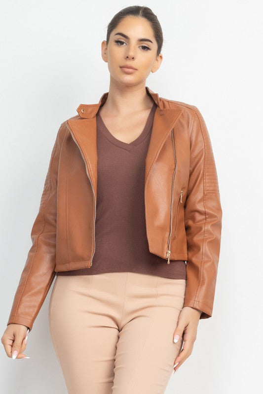 Women's Faux Leather Zippered Moto Jacket