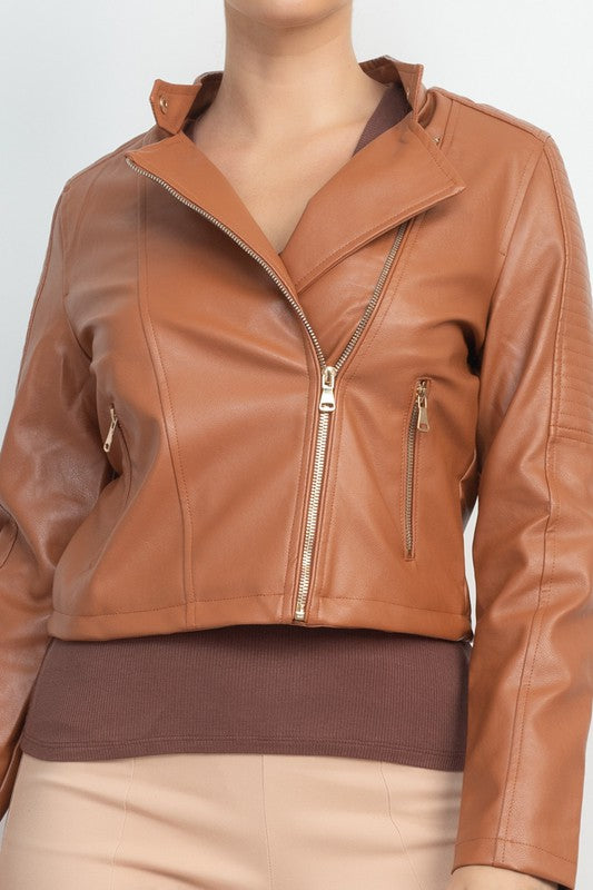 Women's Faux Leather Zippered Moto Jacket