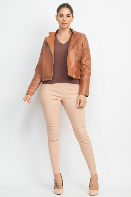 Women's Faux Leather Zippered Moto Jacket